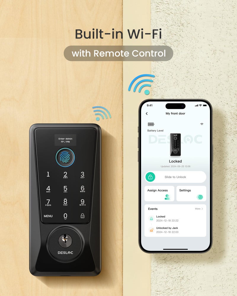 قفل DESLOC الذكي المحدث D110 Plus قفل باب دخول بدون مفتاح ببصمة الإصبع، تطبيق Wi-Fi مدمج للتحكم عن بعد، أقفال ذكية للوحة المفاتيح للباب الأمامي مع شاشة LockVue IP54 BHMA درجة 3 أسود - Image 2